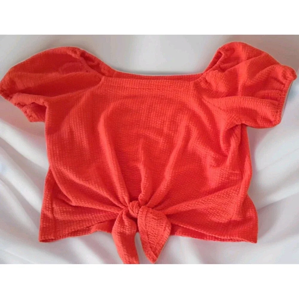 LOFT Top M Orange Textured Puff Sleeve Tie Front Square Neck Cotton Blend Blouse